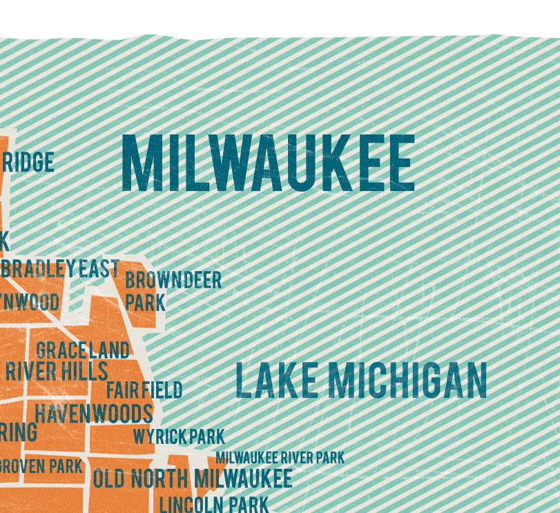 Milwaukee Map Poster in Orange- Vintage style print 11x17