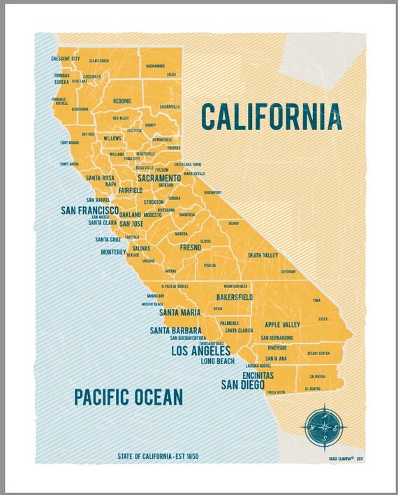 California Map 16"x20" Yellow- Vintage style poster