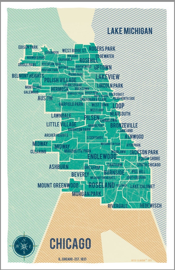 City of Chicago Map in Turquoise- Vintage Style Poster