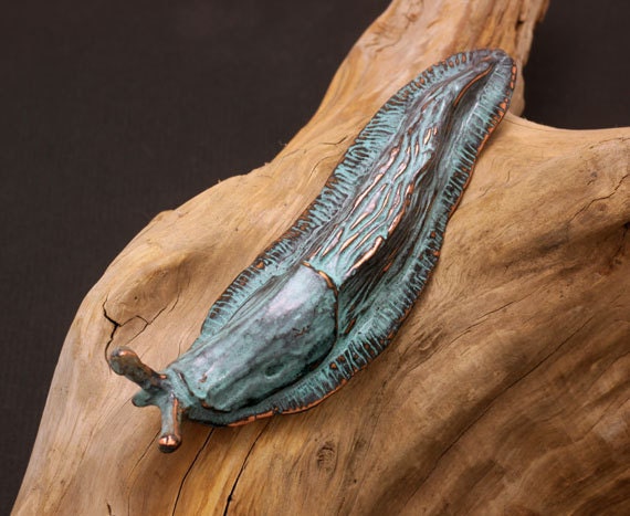 West Coast Copper Slug Sculpture with blue green Verdigris Patina