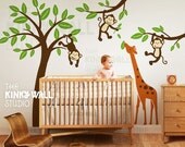 Kids Wall Decal tree wall decal - Monkeys with Giraffe KK127