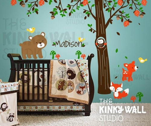 Children Wall Decal Wall Sticker tree decal - Forest Friends with custom name nursery decal - KK116