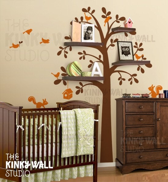 Kids Wall Decal Wall Sticker tree decal Vinyl decal  - Shelving Tree with animal - Nursery Decal- KK125