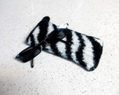 Felted zebra striped glasses case in black & cream wool