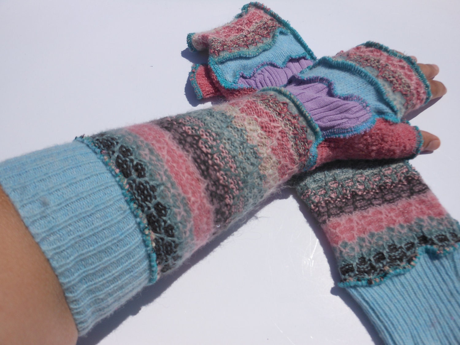 Recycled Sweater Arm Warmers in Mauves and Turquoise