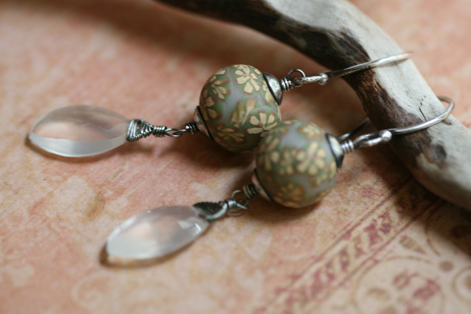 Millefiori and Moonstone Sterling Silver earrings-Moonstone,Marquise,Millefiroi,Floral,Flowers,Garden,Handmade,Rustic,Sterling Silver