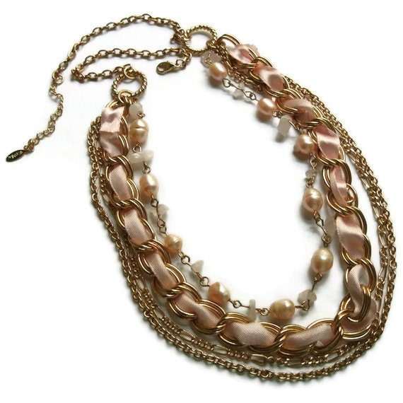 Vintage EsMor Necklace - Peach ribbon with Peach Potato Pearls
