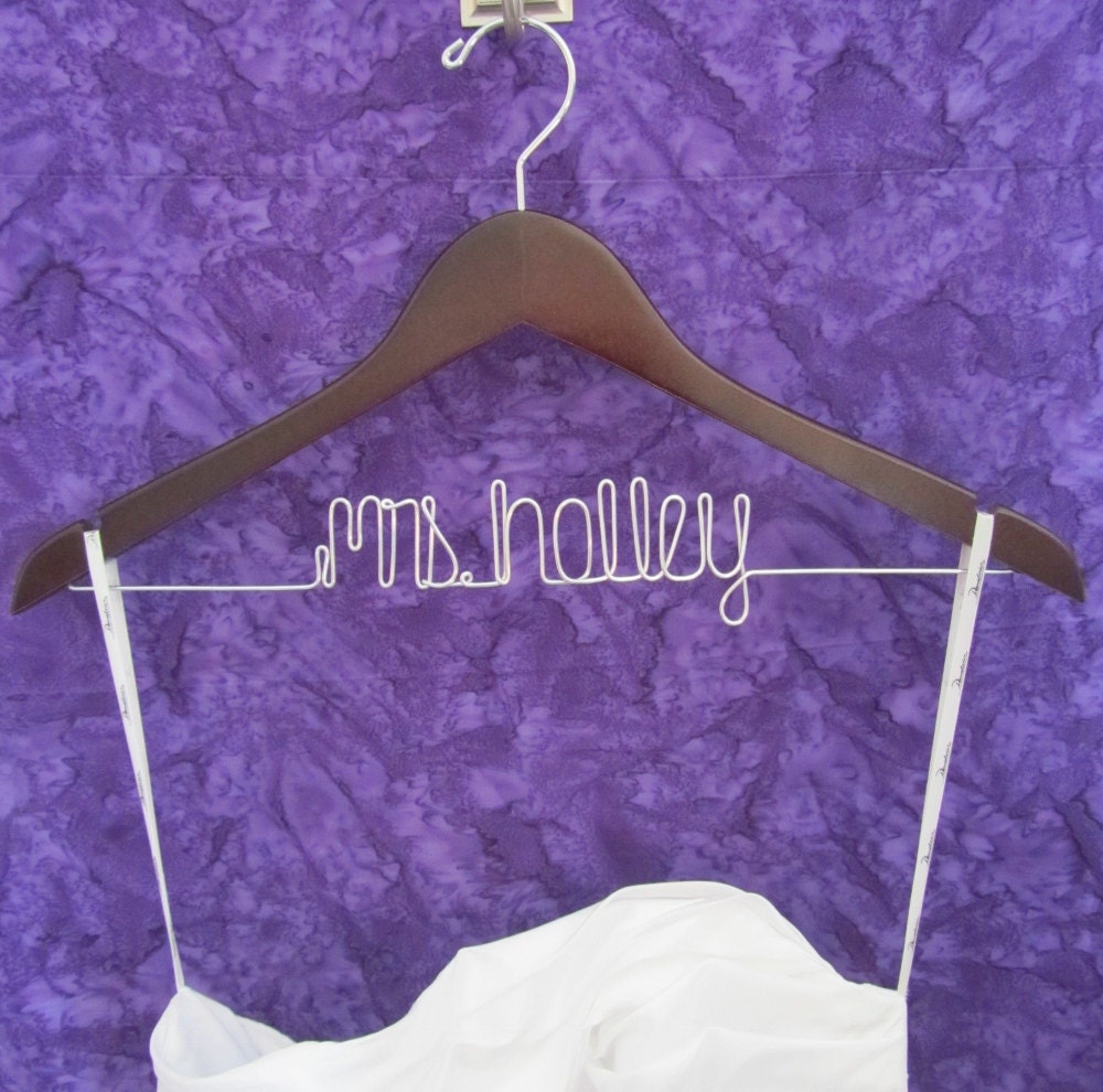 SALE - Personalized Bridal Wire Hanger, Wedding Hanger,  Custom Bride Hanger, Bridal Gift - Available in Walnut or Maple Wood