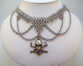 chainmaille necklace, skull choker.  Day of the dead, dia de los muertos.  Vampire, skeleton, horror, dungeon and dragon, larp, medieval