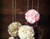 Burlap and Lace Fabric Pom Mobile, Fabric Pomador, Pink Brown and Cream, Nursery Mobile, Baby Crib Mobile - RIandPI