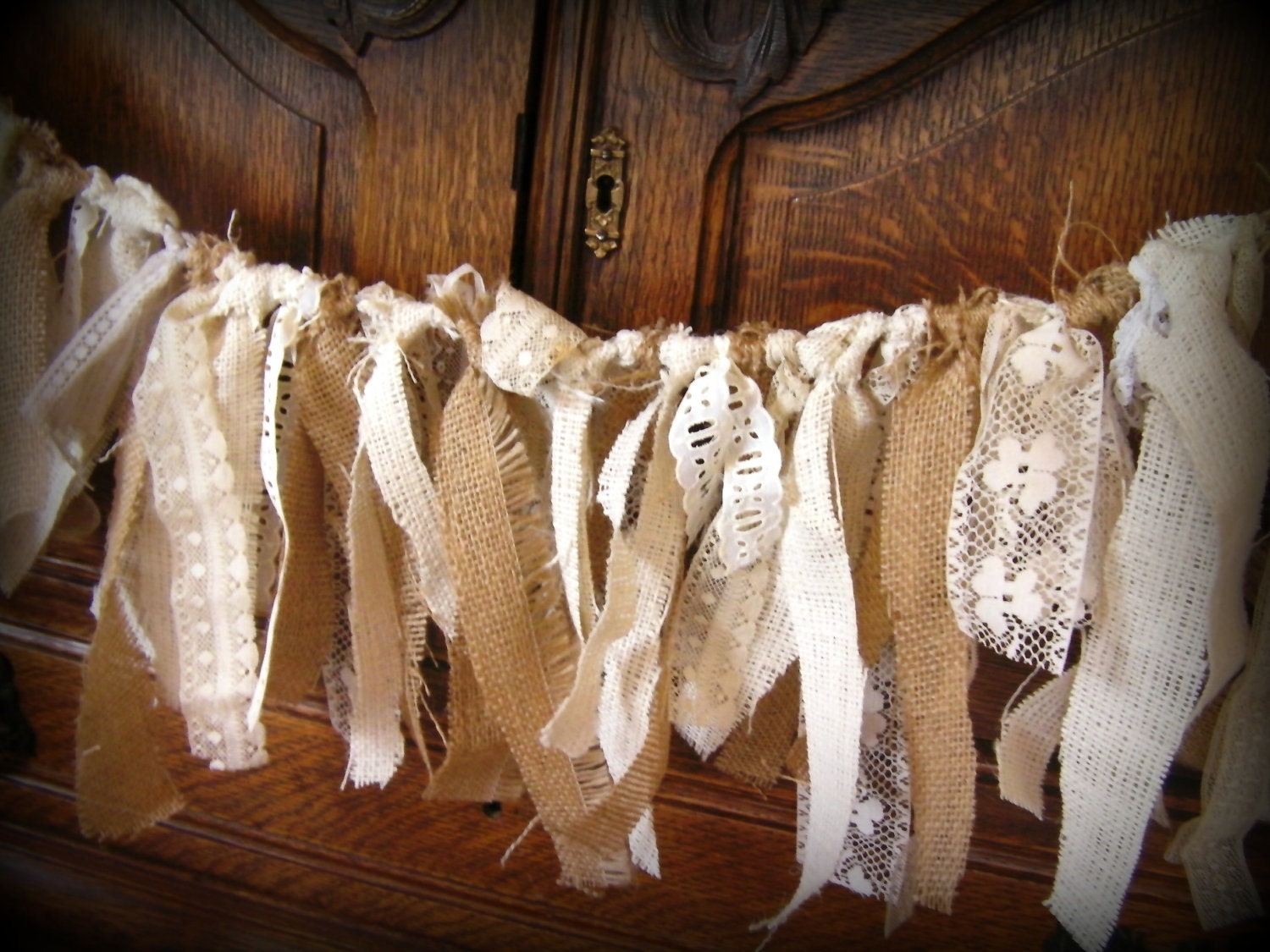 Burlap and Lace Garland, 5 feet, ivory, white, cream and tan.