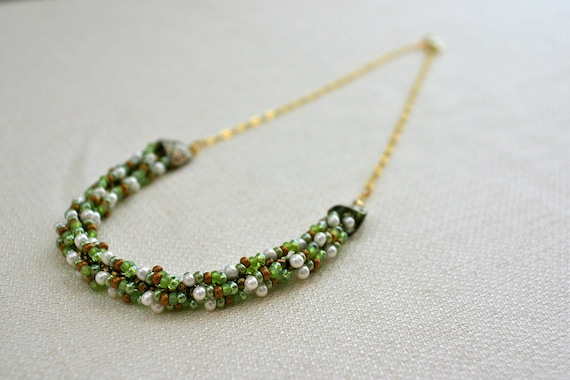Photo: Spiral Twist Beaded Necklace - Gold Chain, Green, Olive, Copper, Bronze, Cream, Off White, Statement Necklace by andreaturinijewelry