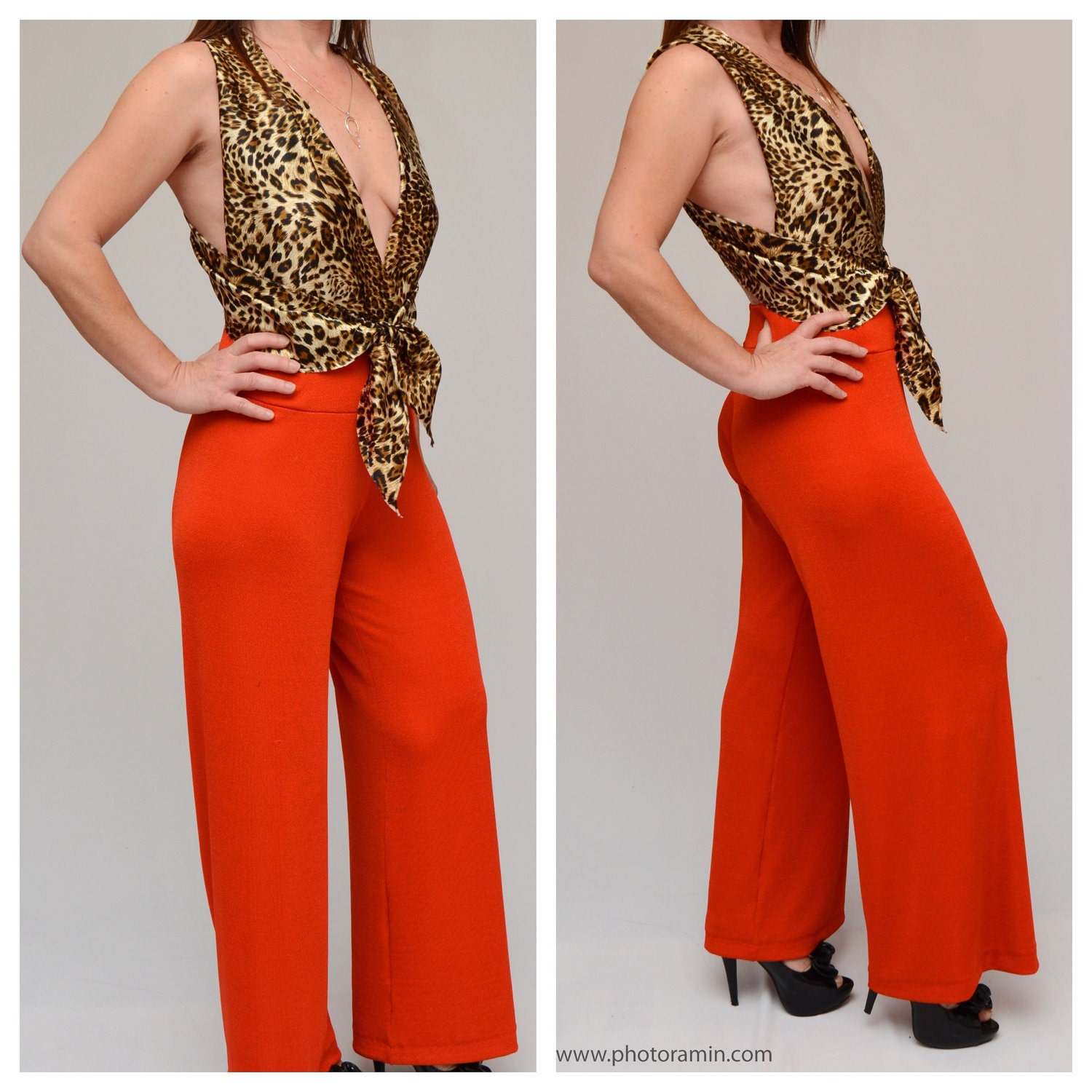 convertible wrap style orange high waisted jumpsuit  silk leopard wraps high waisted wide leg womans pants