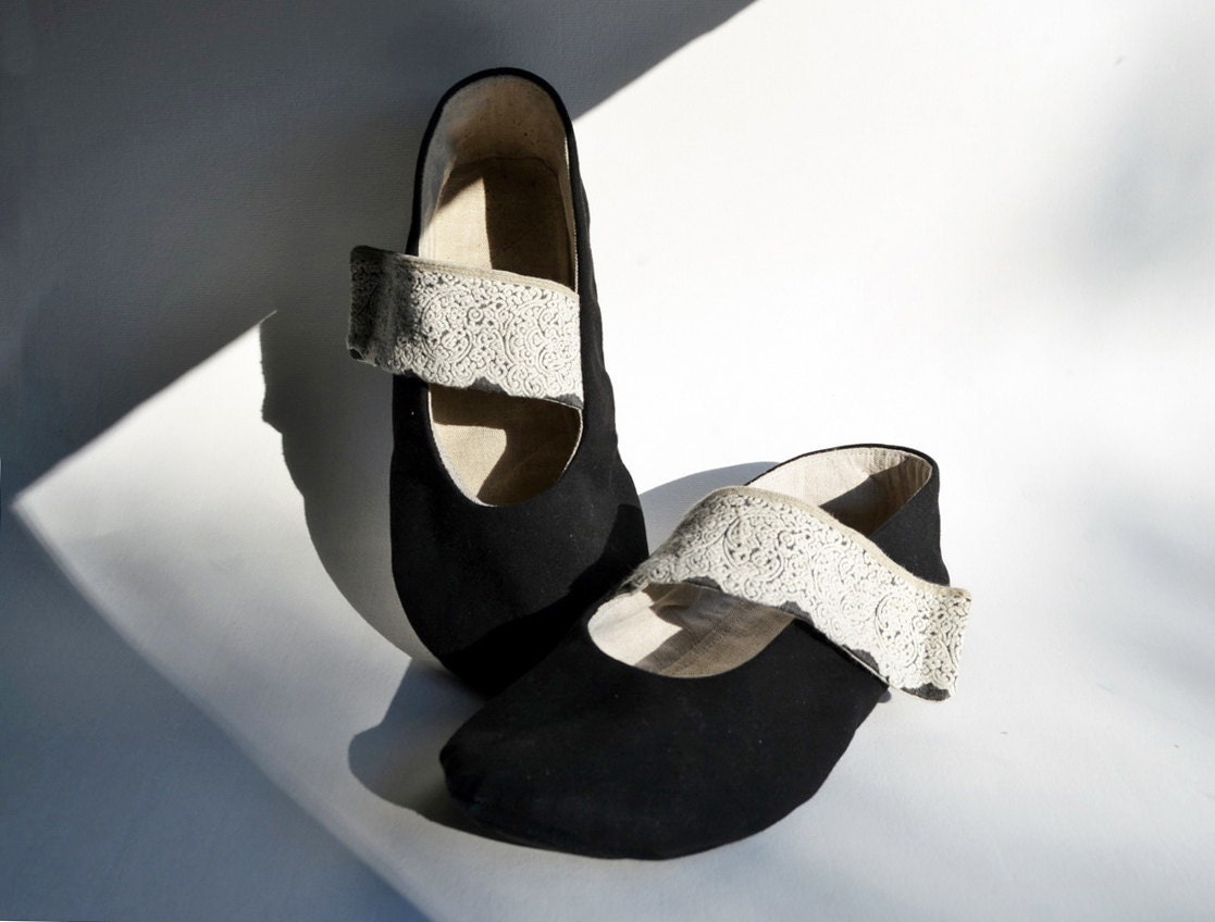 Women shoes ballet flat handmade black flower strap