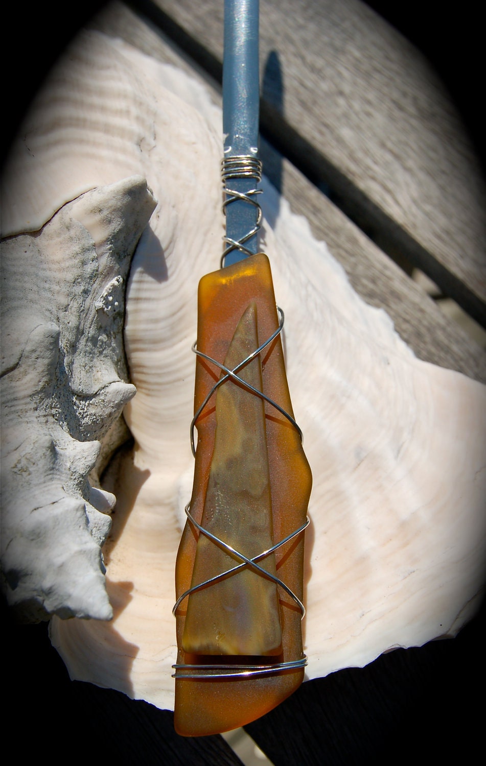 Sea Glass Letter Opener made with Recycled Bottle "Tumbled Island Glass"  in Amber Tortoise Shell combination.