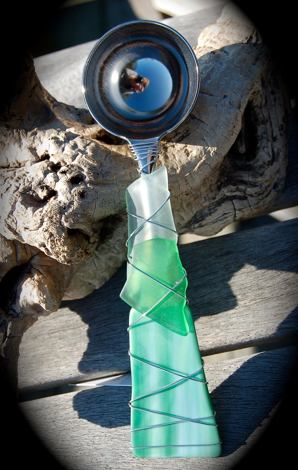 Sea Glass Coffee Scoop made with Recycled Bottle "Tumbled Island Glass"  in Grass Green. Dishwasher Safe. Stainless Steel.