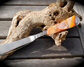 Sea Glass Cheese Knife made with Recycled Bottle "Tumbled Island Glass"  in Tangerine Orange. Dishwasher safe Stainless Steel