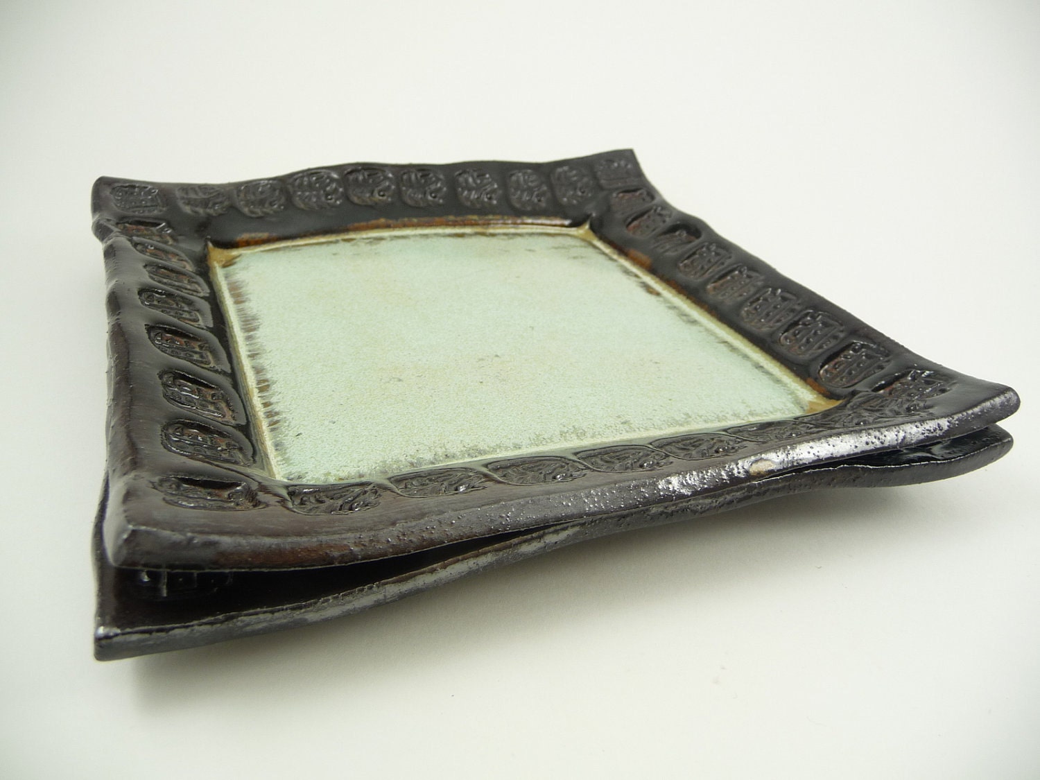 Square Ceramic Plates in Pale Green and Black - Set of 2