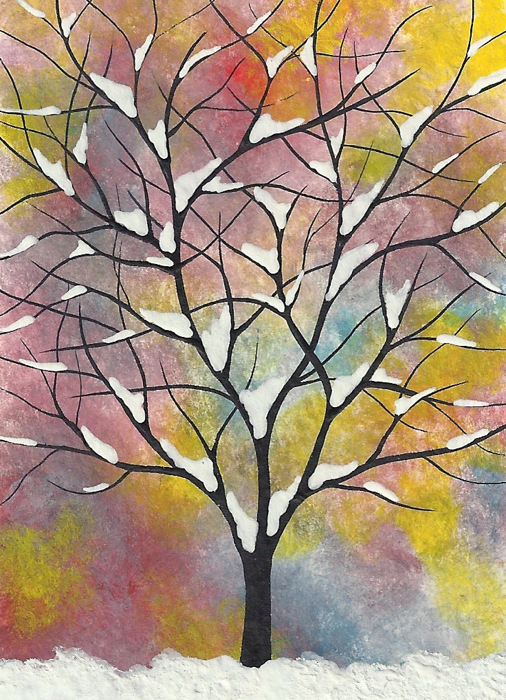 Aceo Original Watercolor Painting, MFBart, Tree, Snow, Storm, Sky, Winter