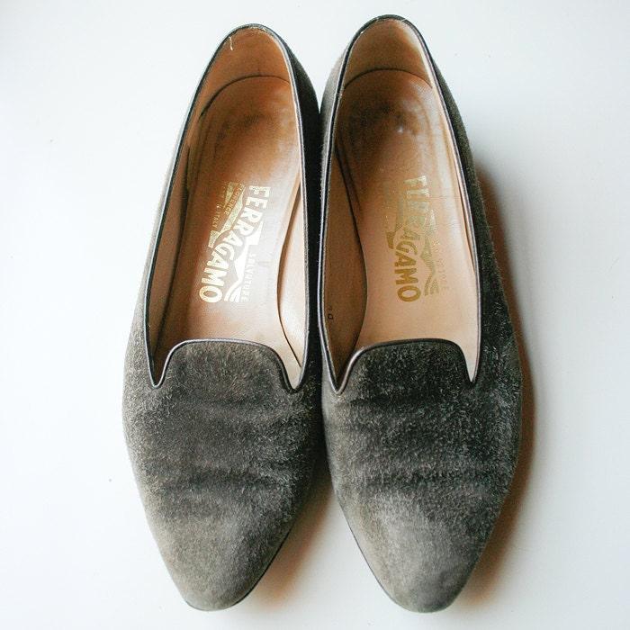 Charcoal Grey Suede Shoes - Vintage 1960s Salvatore Ferragamo - Size 7 1/2