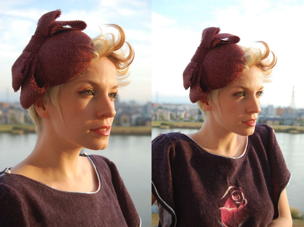 cocktail hat Raspberry Bows Harris tweed pillbox hat