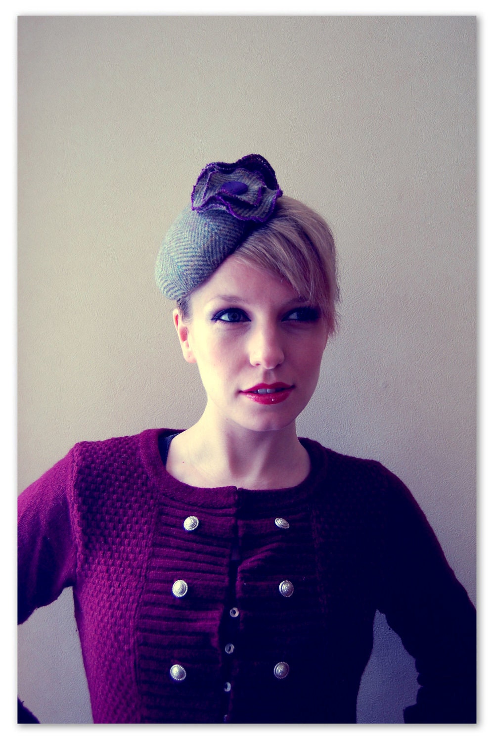Cocktail hat A Flash of Purple Harris tweed hat