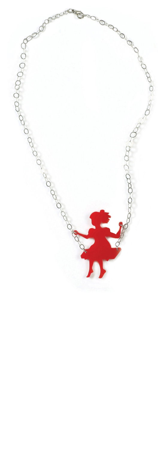 Red girl on a swing - FREE SHIPPING - red plexiglas necklace with silver nickel chain