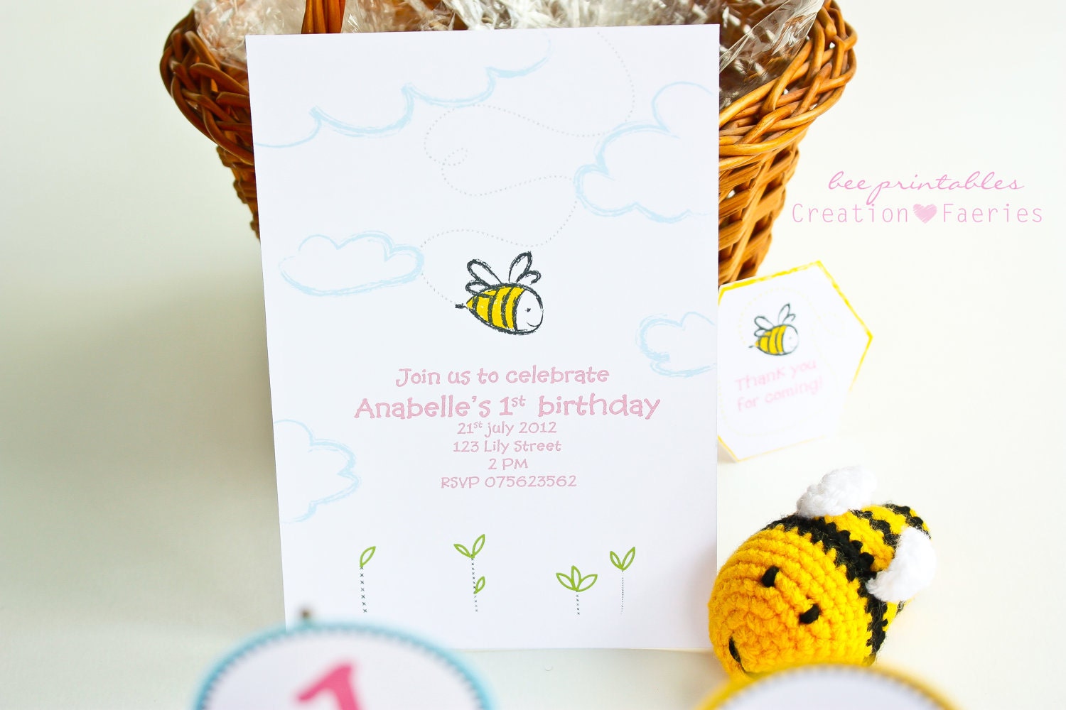 Bee party printable set - invitation, cupcake topper, favor tags