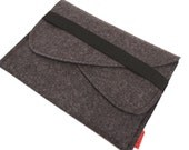 iPad Mini Wool Felt Sleeve/Case with Double Pocket and Elastic Trim Side Load in Anthracite
