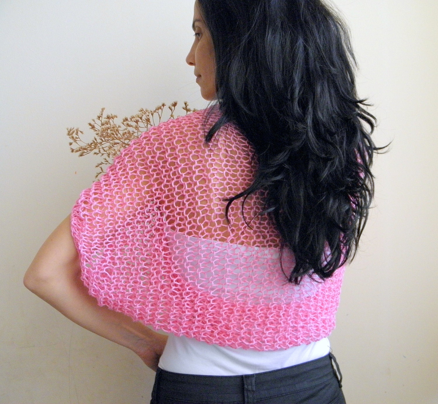 Pink shrug/shawl - boho rose kimono sleeve bolero/capelet - organic cotton