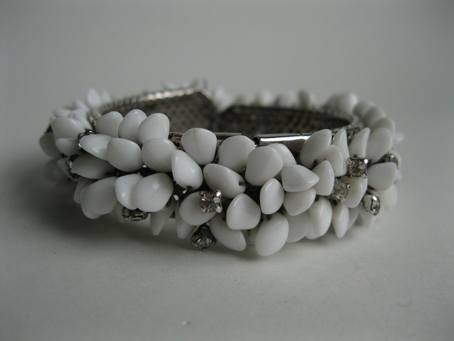 Vintage 1930s Bracelet Rhinestone Clamper Milk Glass Wedding Bridal Fashions 1940s