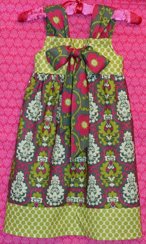Poppy Dot Damask reverse knot dress 12mo, 18mo, 2t, 3t, 4t, 5, 6