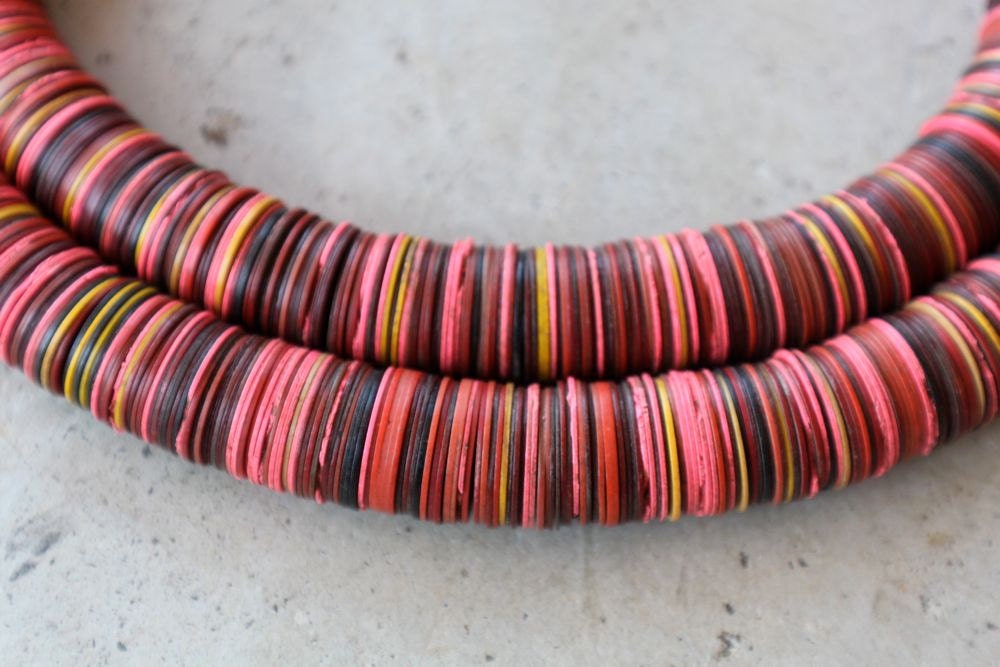Vintage African Vinyl (Vulcanite) Record Beads, Bright Pink with other Colors, 15x.5mm