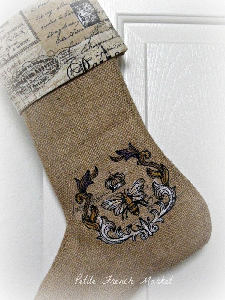 The French Bee Burlap Christmas Stocking