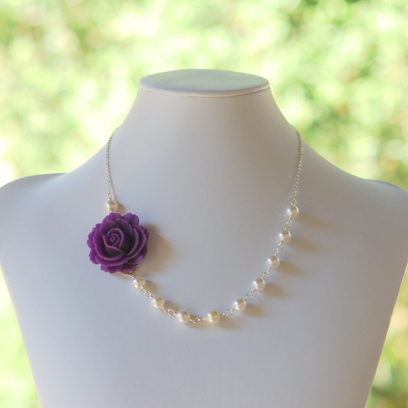 Romantic Eggplant Purple Rose Asymmetrical Necklace with White Swarovski Pearls.  Unique Bridesmaid Jewelry.  Statement Necklace.