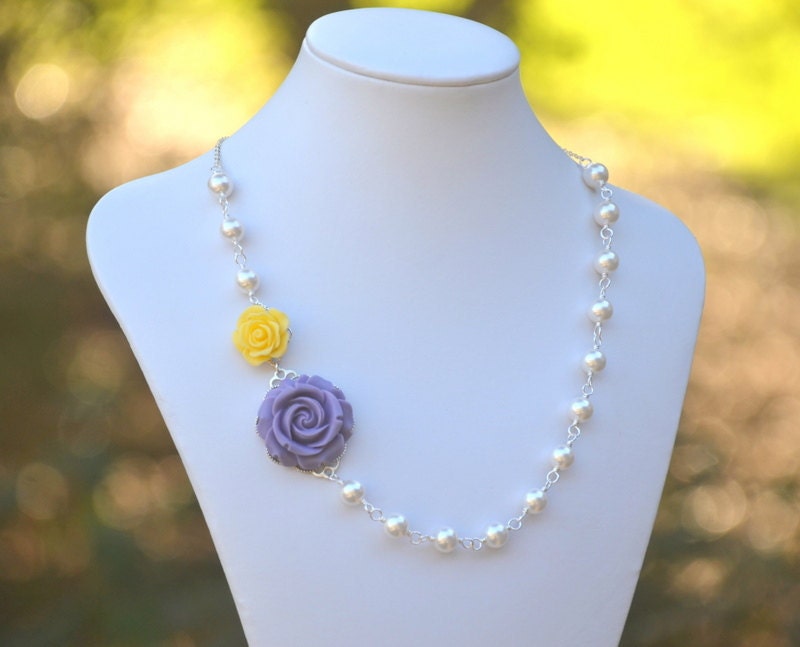 Purple and Yellow Roses and White Swarovski Pearl Asymmetrical Necklace Jewelry Gift for Her.  Free Shipping.