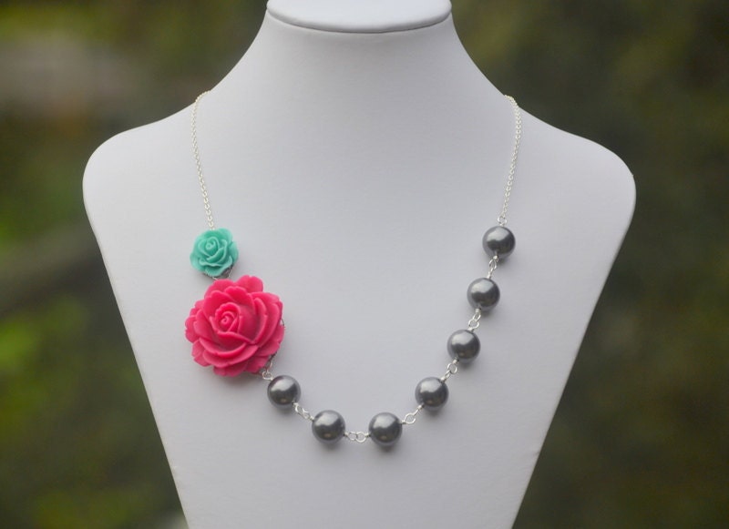 Fuchsia Rose and Aqua Rose Asymmetrical Necklace with Large Grey Swarovski Pearls, Bridesmaids Necklace, Bridal Jewelry, Wedding Jewelry