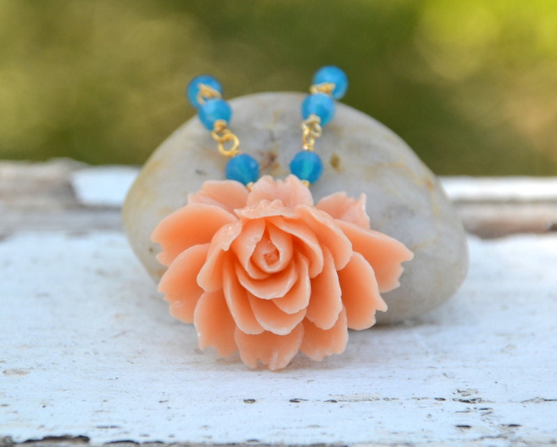 Vintage Style Peach Cabbage Rose and Blue Opal Swarovski Crystal Beaded Necklace in Gold Jewelry Gift for Her.  Free Shipping.