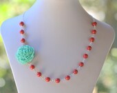 Turquoise Carnation Flower and Coral Red Swarovski Pearl Asymmetrical Statement Necklace.  Bold Summer Necklace.