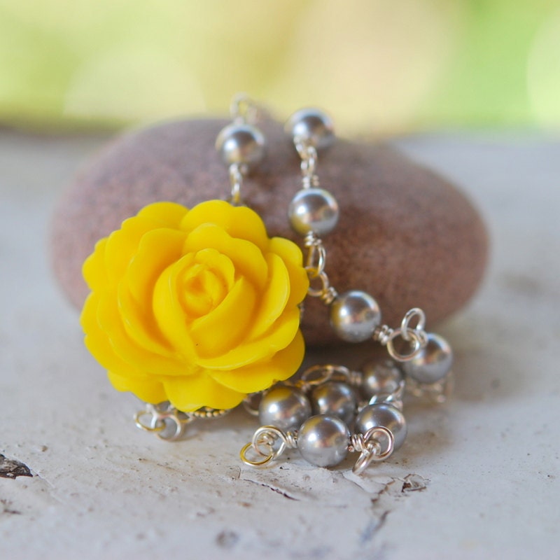 Dainty Yellow Rose and Grey Swarovski Pearl Beaded Necklace Jewelry Gift for Her. Free Shipping.
