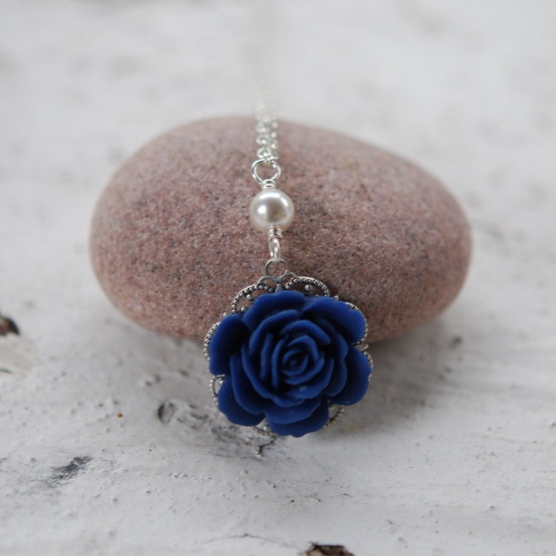 Cobalt Blue Rose and White Swarovski Pearl Necklace Jewelry Gift for Her. Free Shipping.