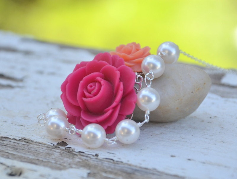 Bridesmaid Statement Necklace: Fuchsia and Coral Rose Pearl Necklace and White Swarovski Pearls. Beaded Asymmetrical Bridesmaids Jewelry