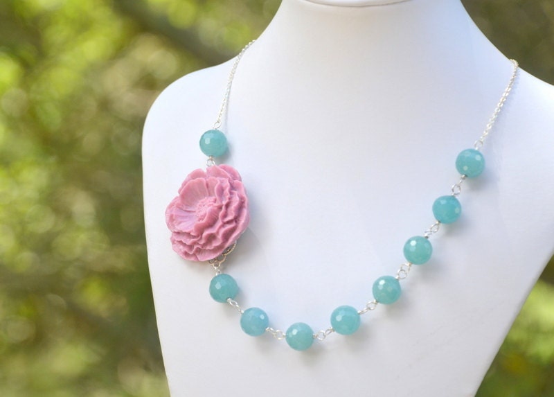 Chunky Purple Flower and Jade Beaded Asymmetrical Statement Necklace
