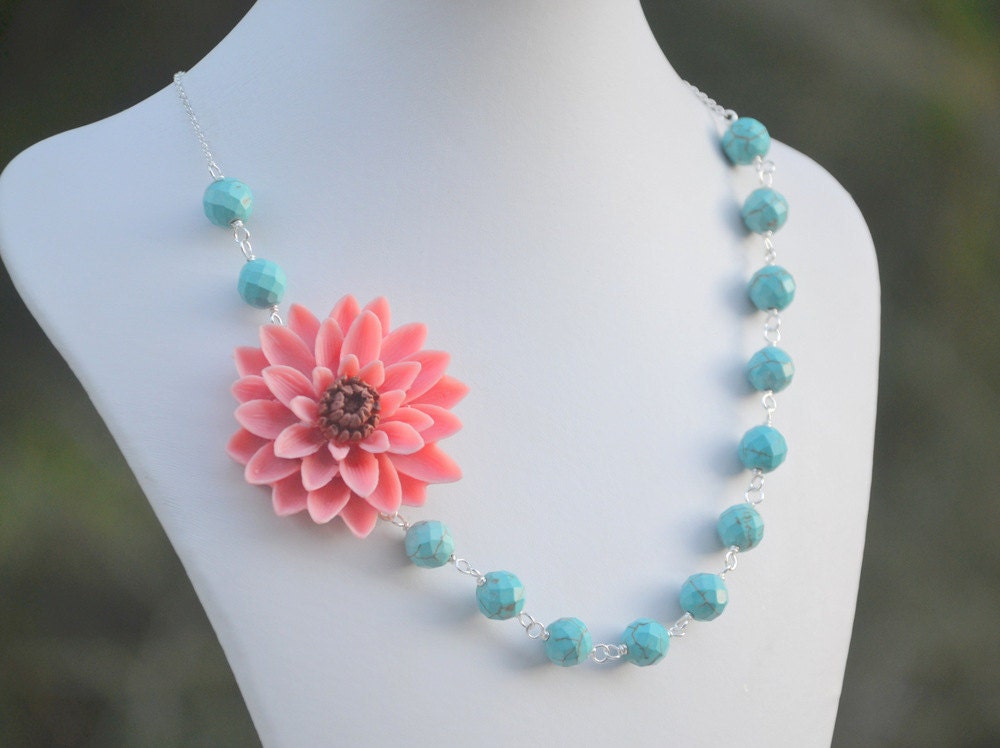 Large Coral Flower and Turquoise Beaded Asymmetrical Statement Necklace - Bold Summer Fashion Chunky Statement Necklace