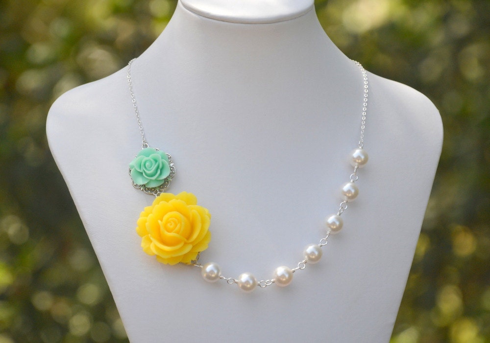 Bridesmaid Jewelry. Bridal Party Necklaces. Yellow and Minty Aqua Rose White Pearl Asymmetrical Chunky Statement Necklace.