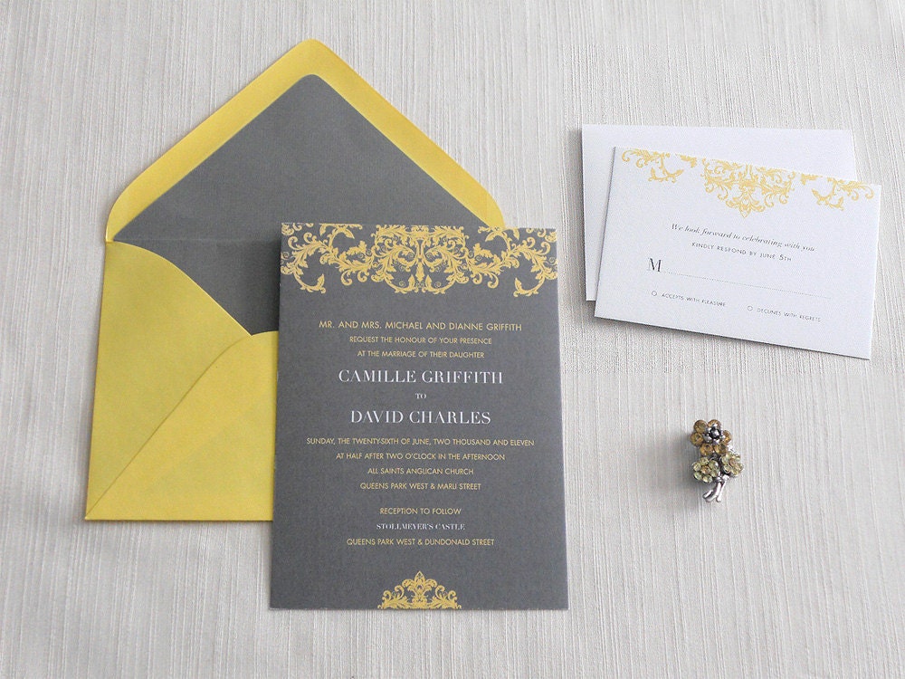 Gray and Yellow Baroque Wedding Invitation (sample)