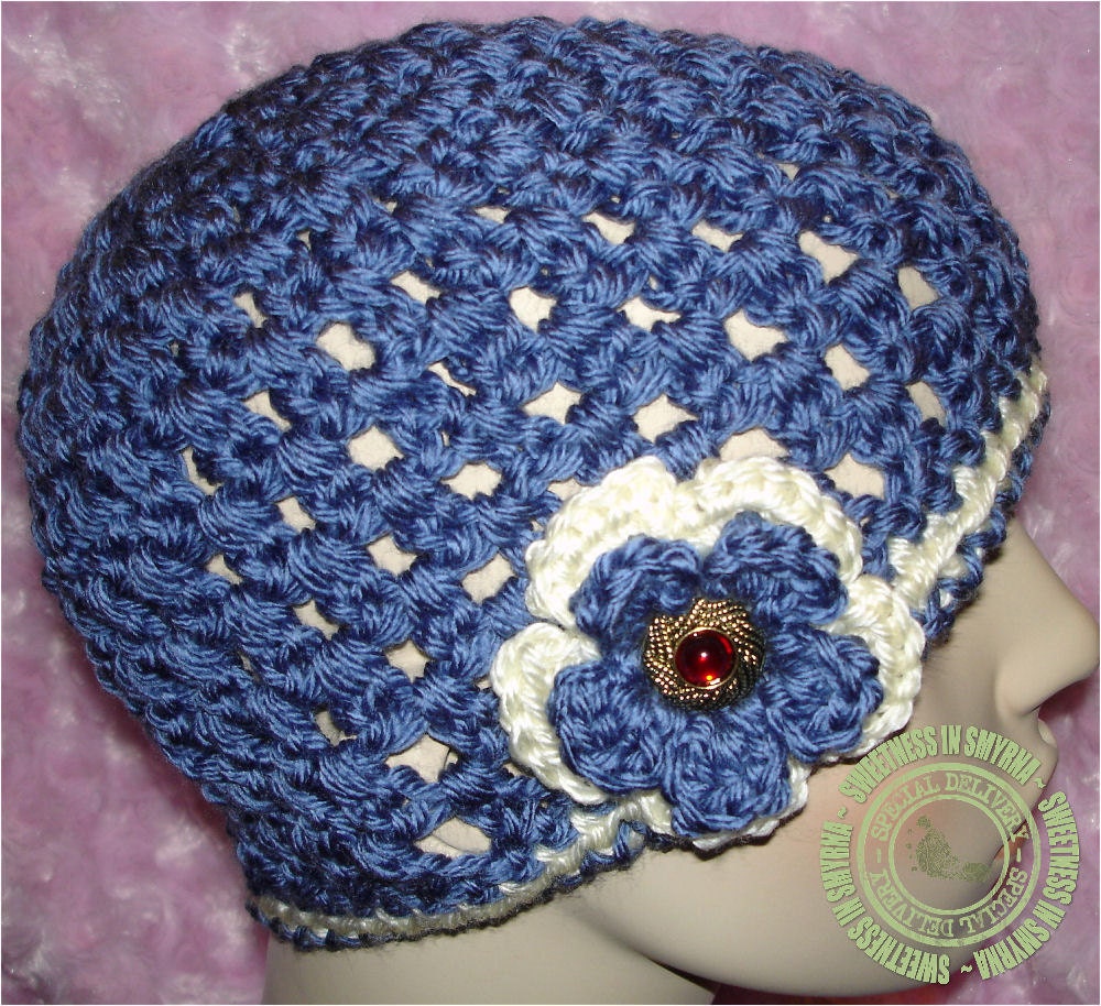 Crochet Women's Hat, Crochet Beanie, Crochet Skull Cap, Blue, Cornflower, Red Gem Button, READY TO SHIP, Sweetness In Smyrna