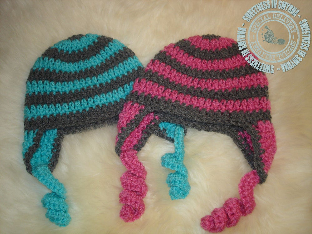 Crochet Baby Hats, Twins, 1 Boy, I Girl, Crochet Striped Beanies, Earflap Hats, Turquoise, Pink, Grey, 0 to 3 mo, Photo Prop, READY TO SHIP