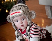 Sock Monkey Hat - Hand Crocheted - Unisex Baby or Newborn Beanie - Super Soft with Pom Pom in Oatmeal, Charcoal and Cream - READY TO SHIP