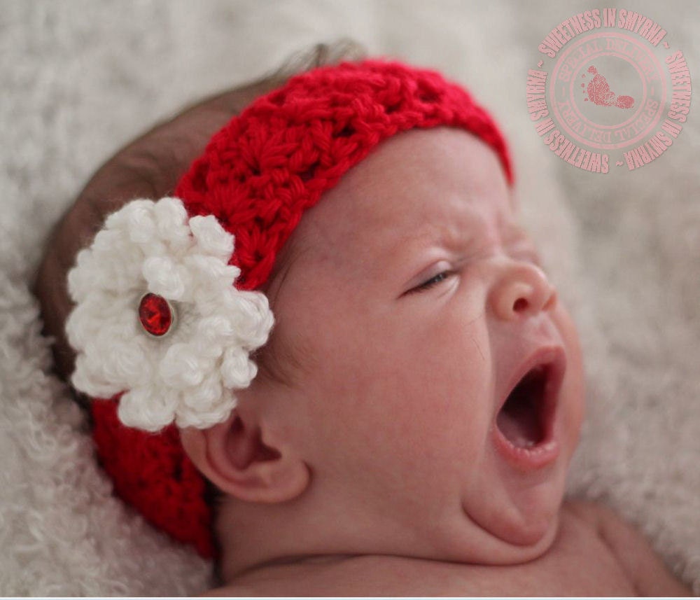 Baby Headband - Crochet Baby Headband - Christmas Headband - Red - Bling - Newborn to 3 months - READY TO SHIP